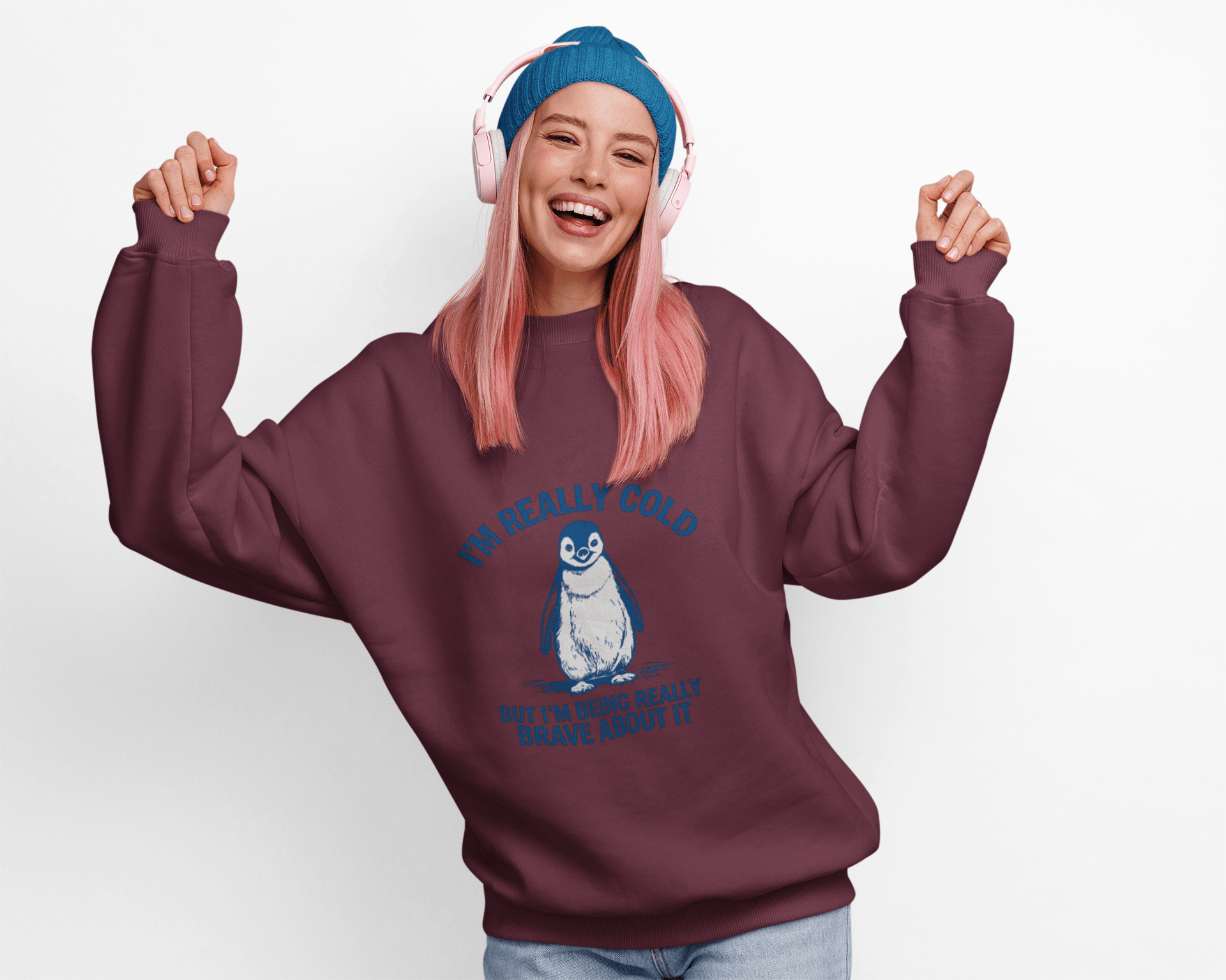 Women’s Penguin Graphic Sweatshirt – I’m Really Cold But I’m Being Brave About It – Cute Cozy Crewneck - JennyCool