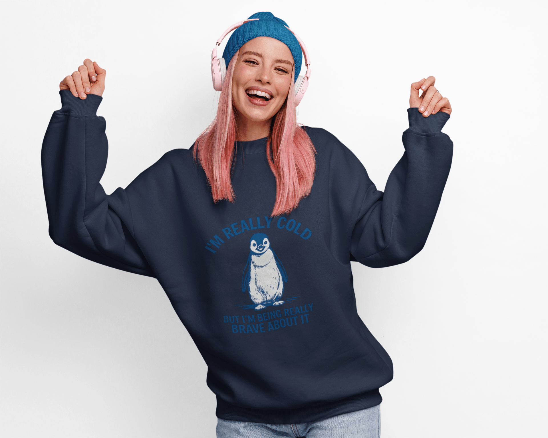 Women’s Penguin Graphic Sweatshirt – I’m Really Cold But I’m Being Brave About It – Cute Cozy Crewneck - JennyCool