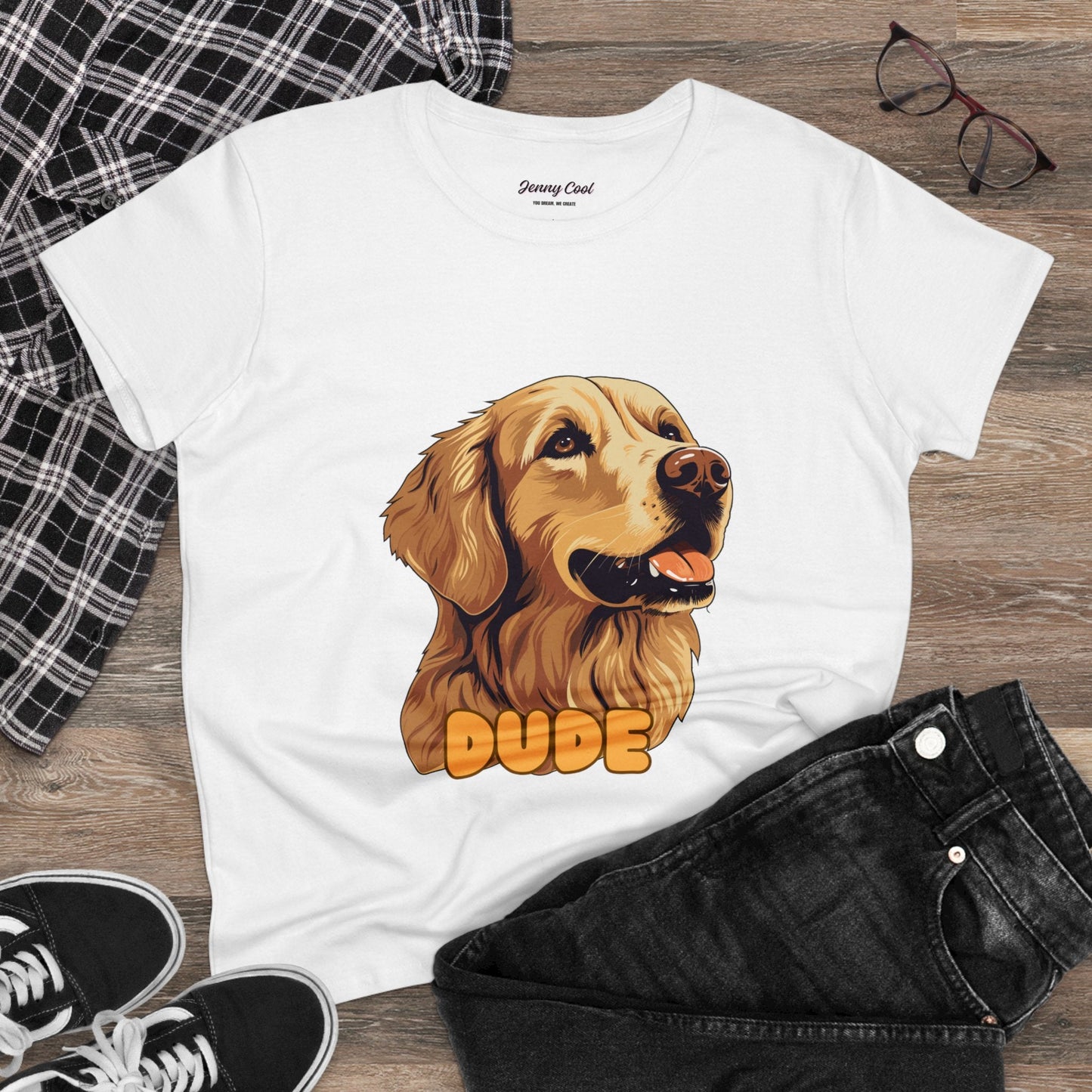 Women's Tee with Golden Dog Print - Valentine's Day Gift - JennyCool