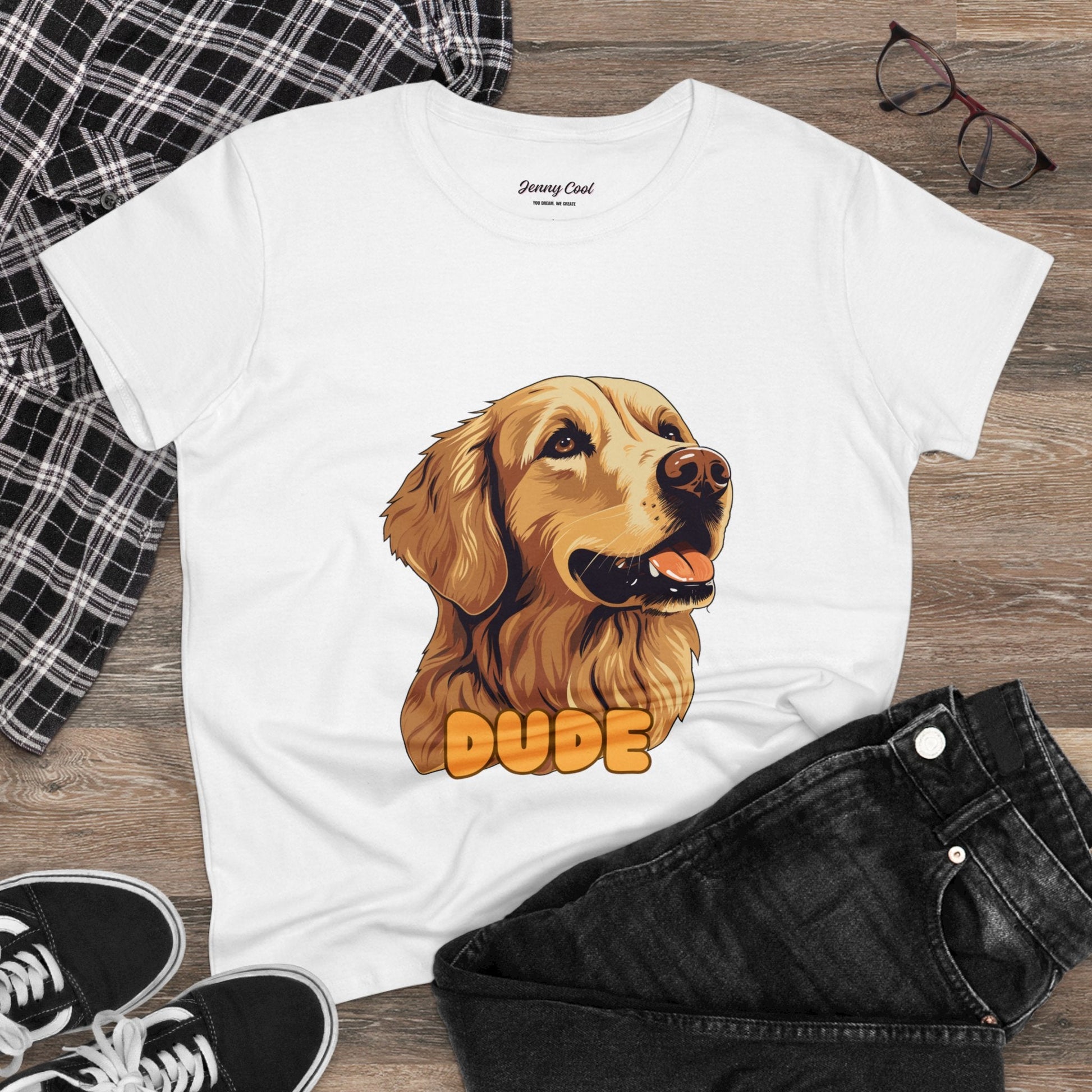Women's Tee with Golden Dog Print - Valentine's Day Gift - JennyCool