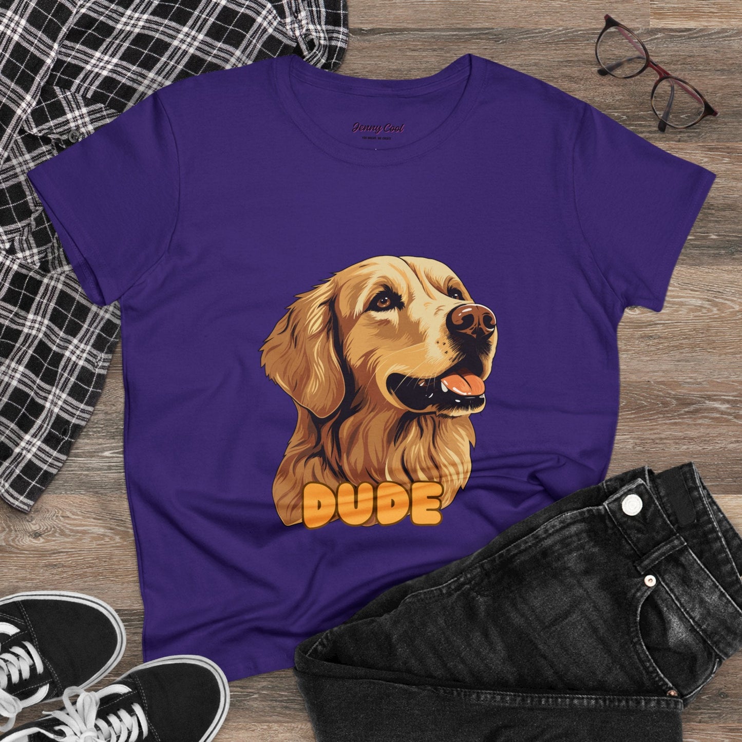 Women's Tee with Golden Dog Print - Valentine's Day Gift - JennyCool