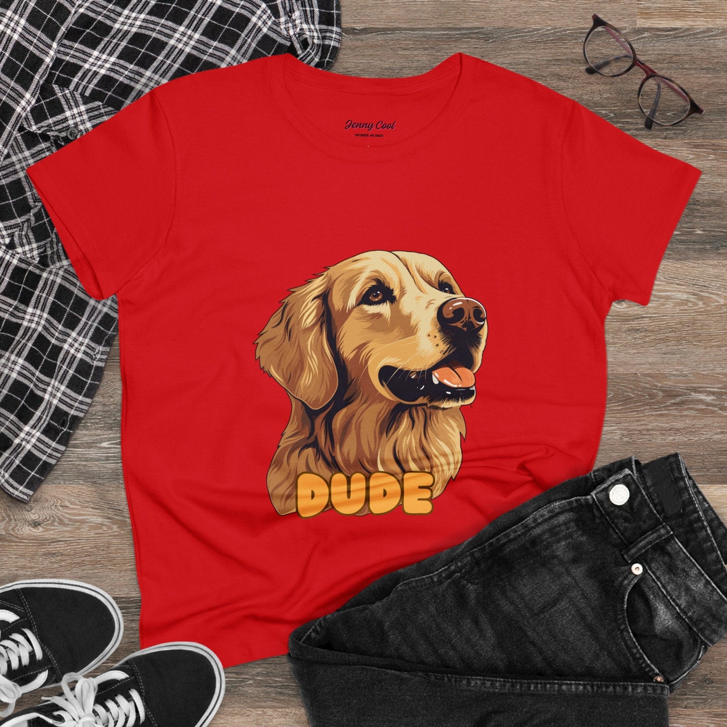 Women's Tee with Golden Dog Print - Valentine's Day Gift - JennyCool