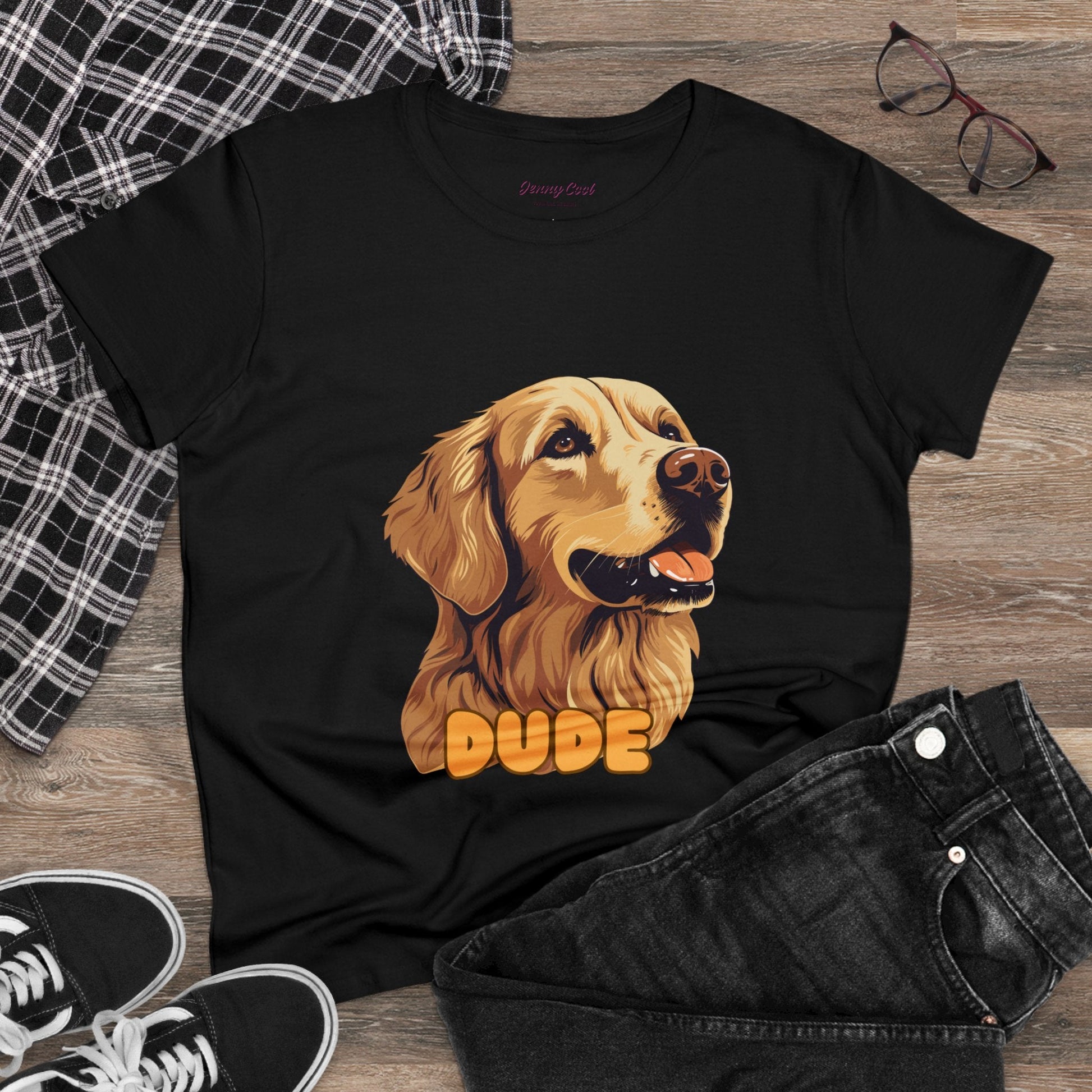 Women's Tee with Golden Dog Print - Valentine's Day Gift - JennyCool