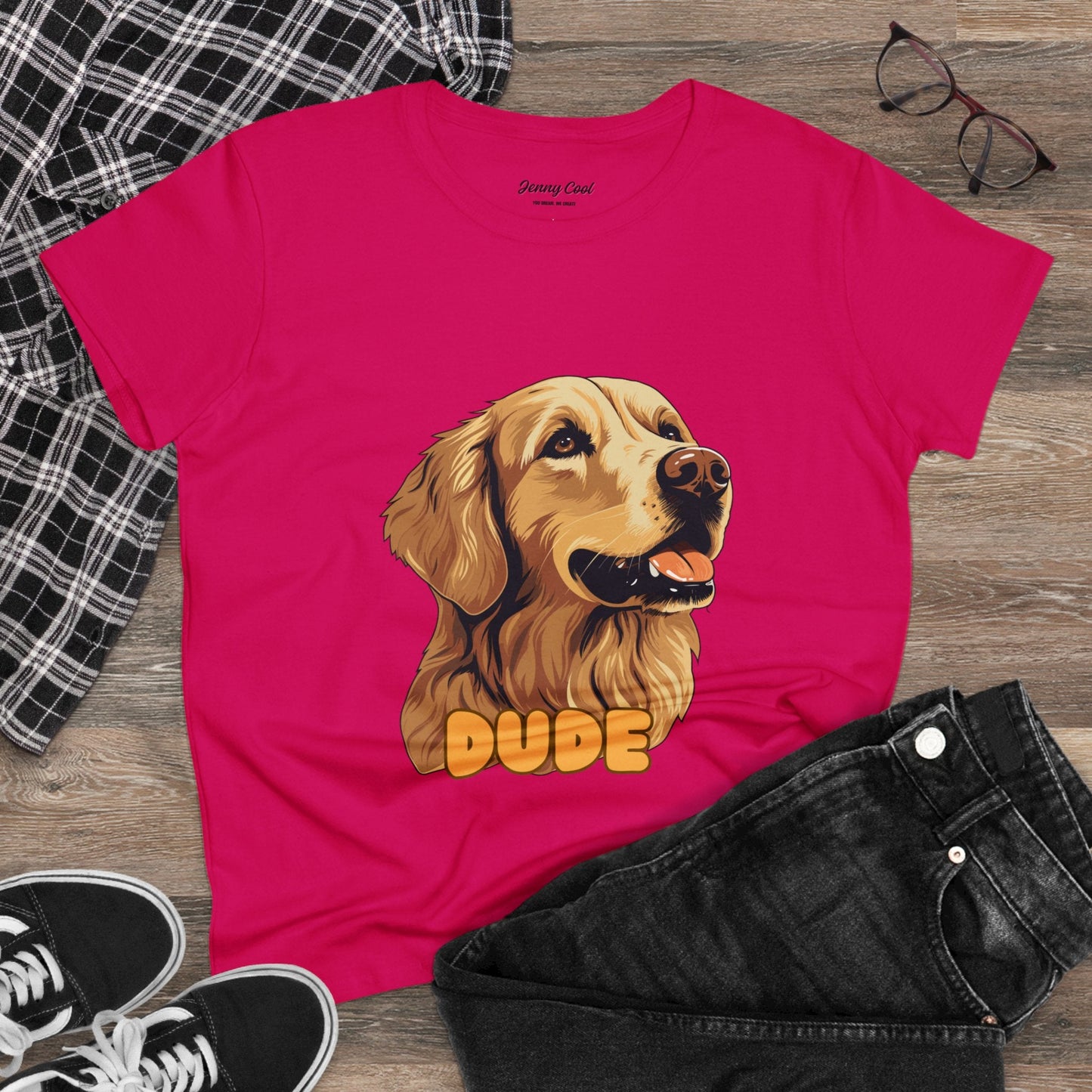 Women's Tee with Golden Dog Print - Valentine's Day Gift - JennyCool