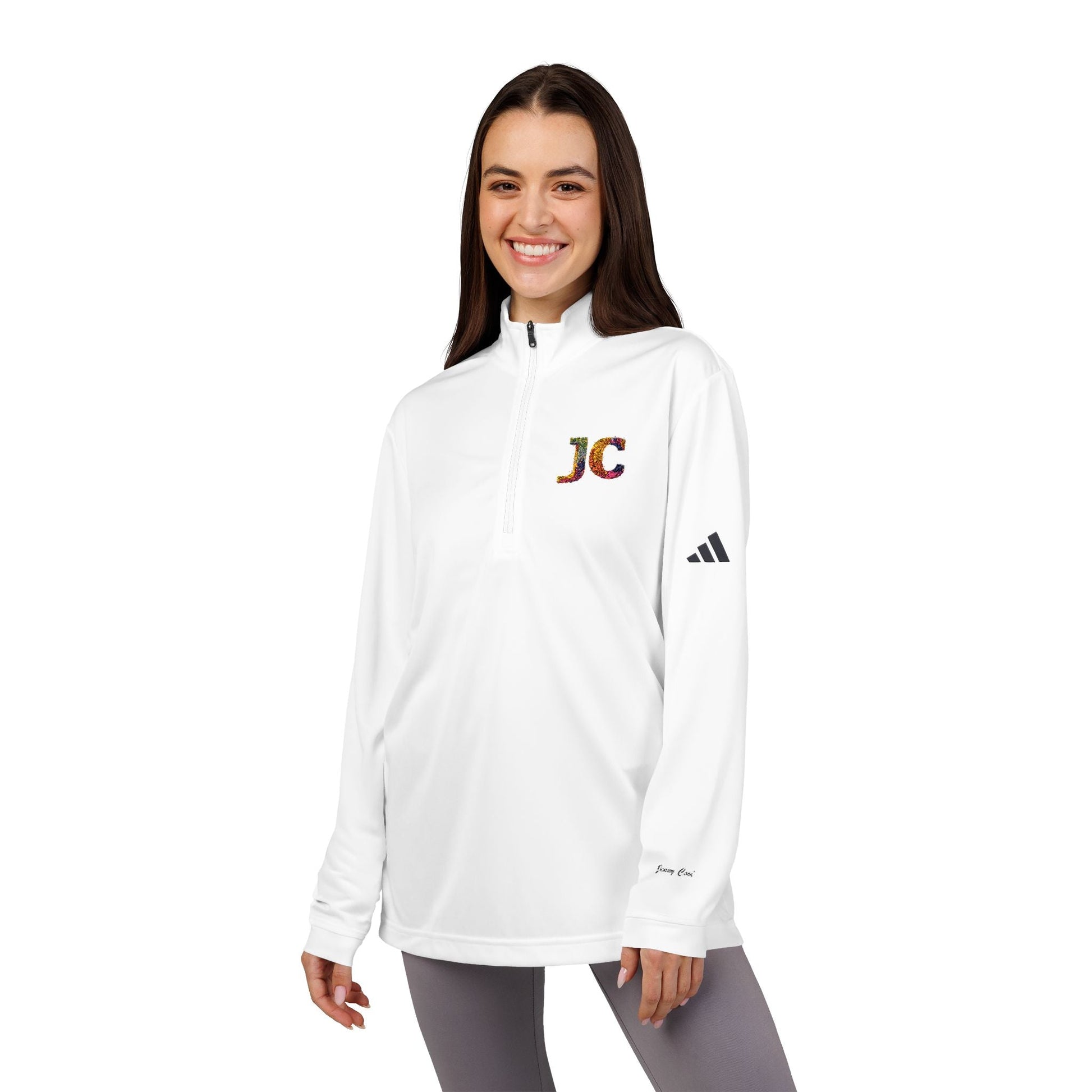 Women’s White JC Embroidered Quarter - Zip – Lightweight Athletic Pullover | Jenny Cool x adidas - JennyCool