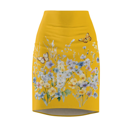 Yellow Women's Pencil Skirt (AOP) with Spring Flowers and Butterfly - JennyCool