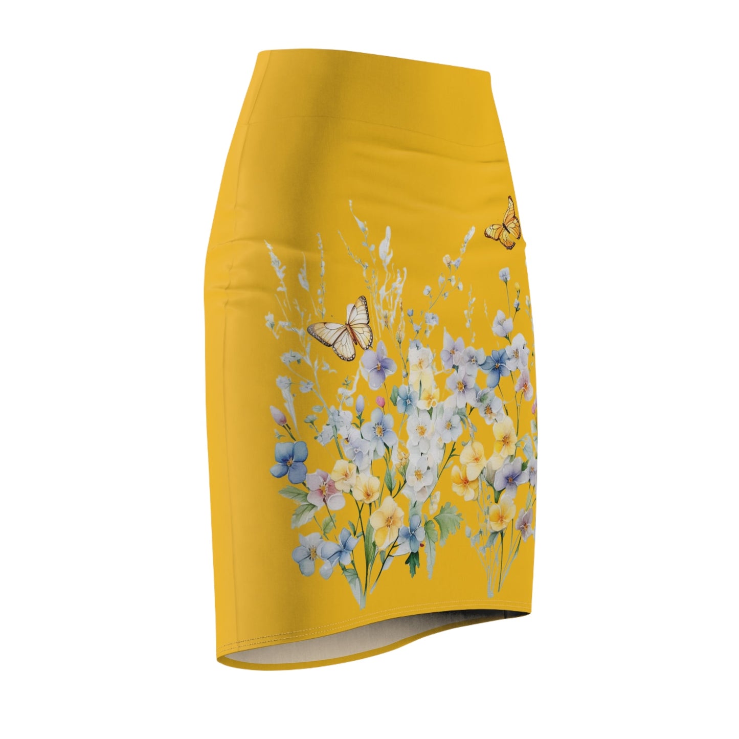Yellow Women's Pencil Skirt (AOP) with Spring Flowers and Butterfly - JennyCool