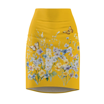 Yellow Women's Pencil Skirt (AOP) with Spring Flowers and Butterfly - JennyCool