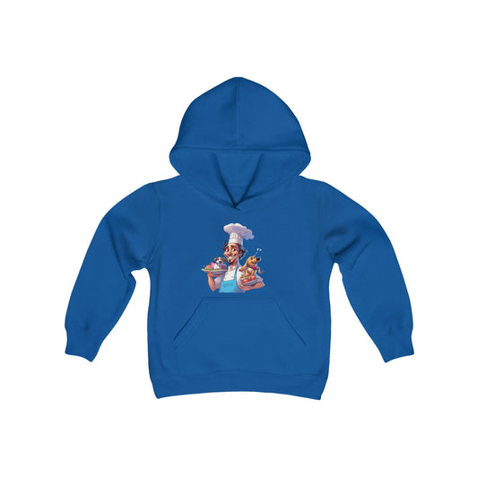 Youth Heavy Blend Hooded Sweatshirt with a Chef and his Dog Design - JennyCool