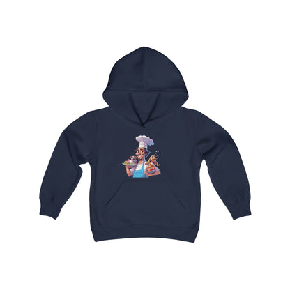 Youth Heavy Blend Hooded Sweatshirt with a Chef and his Dog Design - JennyCool